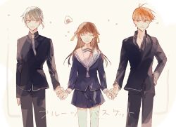 Rule 34 | 1girl, 2boys, :d, bishounen, black pants, black shirt, blue serafuku, blue skirt, brown hair, closed eyes, collarbone, collared shirt, copyright name, feet out of frame, floating hair, food, fruits basket, grey eyes, grey hair, grey necktie, grey trim, hair between eyes, hair ribbon, hand on own hip, highres, holding hands, honda tohru, long hair, long sleeves, looking at another, multiple boys, necktie, onigiri, open mouth, orange eyes, orange hair, pants, partially unbuttoned, pleated skirt, ribbon, sailor collar, school uniform, second-ym, serafuku, shirt, sidelocks, simple background, skirt, smile, sohma kyou, sohma yuki, teeth, upper teeth only, white sailor collar, yellow background, yellow ribbon