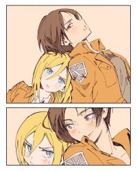 Rule 34 | 2girls, belt, blonde hair, blue eyes, border, breasts, brown belt, brown eyes, brown hair, closed mouth, highres, jacket, krista lenz, long hair, mikasa ackerman, multiple girls, orange jacket, parted lips, polo tokki, shingeki no kyojin, short hair, simple background, teeth, upper body, white border, yuri