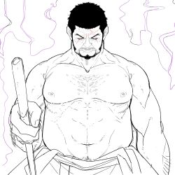 Rule 34 | 1boy, abs, bara, black hair, blind, chest hair, cowboy shot, facial hair, facing viewer, greyscale, hairy, highres, issho (fujitora), japanese clothes, katana, kimono, large pectorals, male focus, mature male, monochrome, mustache stubble, navel, nipples, octo33, old, old man, one piece, pectorals, scar, scar across eye, scar on face, scar on forehead, serious, short hair, simple background, solo, sparse chest hair, sparse navel hair, strongman waist, stubble, sword, thick neck, topless male, weapon, wrinkled skin