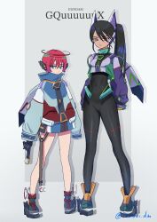 2girls amate_yuzuriha aqua_eyes black_bodysuit black_hair bodysuit copyright_name cosplay cropped_sweater full_body gfred gfred_(cosplay) gquuuuuux gquuuuuux_(cosplay) gundam gundam_gquuuuuux halo hasu_175 highres long_hair long_sleeves mechanical_halo multiple_girls nyaan_(gundam_gquuuuuux) ponytail red_hair shoes short_hair sweater yellow_eyes