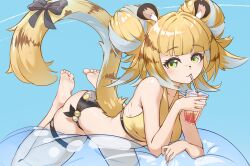 absurdres animal_ears ass bare_shoulders barefoot bikini blonde_hair breasts drinking drinking_straw feet green_eyes hair_bun highres ju_fufu loli looking_at_viewer medium_hair ribbon small_breasts soles swimsuit tail tail_ornament tail_ribbon thigh_strap thighs tiger_ears tiger_girl tiger_tail toes zenless_zone_zero
