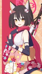 1girl :d absurdres animal_ear_fluff animal_ears black_hair blue_archive commentary_request eyeshadow fingerless_gloves fishnet_sleeves fishnets fox_ears fox_girl fox_hair_ornament fox_tail from_side gloves gun hadanugi_dousa hair_between_eyes hair_ornament halo highres izuna_(blue_archive) japanese_clothes kimono long_sleeves looking_at_viewer looking_to_the_side makeup medium_hair ninja one_side_up open_clothes open_kimono open_mouth paralier pleated_skirt pom_pom_(clothes) pom_pom_hair_ornament red_eyeshadow red_scarf scarf school_uniform serafuku sidelocks skirt sleeveless smile solo submachine_gun tail type_100_smg waving weapon weapon_on_back wide_sleeves yellow_eyes