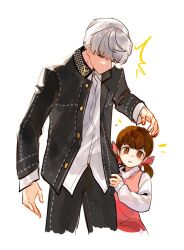 1boy 1girl black_jacket black_pants brown_hair buttons child cowboy_shot doujima_nanako grey_hair hair_ribbon jacket narukami_yu open_clothes open_jacket pants persona persona_4 pink_ribbon pink_vest ribbon rrrrrrrrrrrou1 shirt short_hair simple_background twintails vest white_background white_shirt