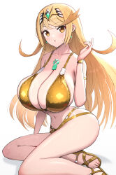 1girl absurdres alternate_costume bare_shoulders bikini blonde_hair blush breasts chest_jewel cleavage core_crystal_(xenoblade) earrings gold_bikini gold_sandals gonzarez headpiece highres jewelry large_breasts long_hair looking_at_viewer mythra_(xenoblade) navel sandals simple_background solo stomach swept_bangs swimsuit thighs tiara very_long_hair white_background xenoblade_chronicles_(series) xenoblade_chronicles_2 yellow_eyes