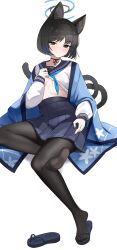 1girl absurdres animal_ears black_eyes black_hair black_pantyhose blue_archive blue_halo blue_neckerchief blue_skirt breasts cat_ears cat_girl cat_tail closed_mouth feet fengqun halo highres kikyou_(blue_archive) legs looking_at_viewer medium_breasts multiple_tails neckerchief pantyhose school_uniform serafuku short_hair simple_background sitting skirt smile soles solo tabi tail toes white_background