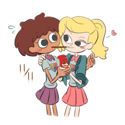 Rule 34 | 2girls, amphibia, anne boonchuy, asymmetrical bangs, black eyes, blonde hair, blush, brown hair, collared shirt, cowboy shot, cropped legs, dark-skinned female, dark skin, flying sweatdrops, food, hand on another&#039;s shoulder, heart, highres, holding hands, jacket, looking at another, mole, mole under eye, multiple girls, neko33wan5, pink skirt, pleated skirt, pocky, pocky kiss, ponytail, purple skirt, raised eyebrow, sasha waybright, school uniform, shared food, shirt, short hair, sjms school uniform, skirt, sleeves rolled up, standing, sweatdrop, white background, yuri