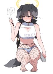 1girl absurdres alternate_costume animal_ears bag black_hair blue_archive blush breasts casual cellphone cleavage_cutout clothing_cutout denim denim_shorts dog_ears dog_girl dog_tail doodle_sensei_(blue_archive) fishnet_pantyhose fishnets full_body hair_bobbles hair_ornament halo hibiki_(blue_archive) highres holding holding_phone long_hair looking_at_phone midriff navel oddsnail pantyhose pantyhose_under_shorts phone purple_eyes sensei_(blue_archive) shorts shoulder_bag simple_background smartphone solo tail