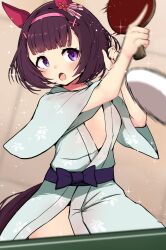 1girl akizuki_shigure alternate_costume animal_ears ball black_hair blush commentary_request ear_covers flat_chest hairband highres holding holding_table_tennis_paddle horse_ears horse_girl horse_tail japanese_clothes kimono motion_lines nishino_flower_(umamusume) open_mouth paddle pink_hairband purple_eyes short_hair solo table_tennis table_tennis_ball table_tennis_paddle tail thighs umamusume yukata