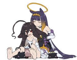 2girls absurdly_long_hair ahoge alloyrabbit azur_lane bare_shoulders barefoot behind_another bendy_straw black_dress black_hair blush bow closed_eyes closed_mouth cola collarbone commentary crossover dress dress_slip drinking_straw english_commentary feathered_wings feet gradient_hair hair_between_eyes hair_bow halo highres hololive hololive_english huge_ahoge jitome kneeling long_hair looking_at_another low_wings multicolored_hair multiple_girls ninomae_ina&#039;nis ninomae_ina&#039;nis_(1st_costume) open_mouth orange_hair pointy_ears red_eyes simple_background sitting smile soda soda_bottle soles takodachi_(ninomae_ina&#039;nis) tentacle_hair thighhighs toes trait_connection tying_hair very_long_hair virtual_youtuber white_background white_dress white_thighhighs white_wings whydah_(azur_lane) whydah_(lazy_pirate_angel)_(azur_lane) wings yellow_bow