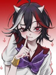 Rule 34 | 1girl, ahoge, black hair, blush, bow, bowtie, bracelet, closed mouth, collarbone, expressionless, finger to cheek, gradient background, hair between eyes, highres, horns, jewelry, kijin seija, looking at viewer, medium hair, multicolored hair, nail polish, neon (co2co8), purple bow, purple bowtie, red background, red eyes, red hair, red nails, shirt, short sleeves, small horns, solo, touhou, upper body, white background, white hair, white shirt