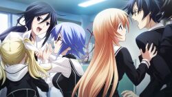 1girl 2boys 4girls ahoge angry arimura_hinae black_dress black_hair black_jacket black_sleeves blonde_hair blue_eyes blue_hair book bow breasts buttons chaos;child chest_bow collared_shirt colored_eyelashes cropped_jacket double-breasted dress dress_shirt ears_visible_through_hair everyone from_behind from_side game_cg glasses hair_between_eyes hair_bow hekiho_academy hekiho_academy_uniform high_collar highres holding_back hooded_dress itou_shinji_(chaos;child) jacket kazuki_hana kunosato_mio kurusu_nono lab_coat large_breasts loafers long_hair long_sleeves medium_breasts miyashiro_takuru multiple_boys multiple_girls multiple_hair_bows necktie non-web_source official_art open_mouth ponytail purple_eyes red-framed_eyewear red_necktie sailor_collar saliva saliva_trail sasaki_mutsumi school school_uniform shadow shirt shoes short_hair short_hair_with_long_locks sidelocks skirt stray_hair teeth tongue tongue_out upper_teeth_only v-shaped_eyebrows white_sailor_collar white_sleeves white_undershirt window worried