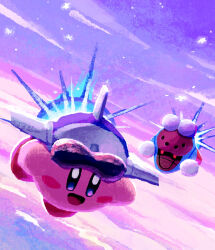 :d aruco_co blue_eyes blush_stickers character_request cloud commentary_request flying highres kirby kirby_(series) nintendo no_humans open_mouth outdoors purple_sky sky smile