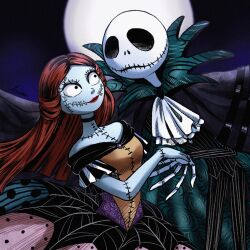 1boy 1girl arumanlorei diamond_hairband dress formal_clothes graveyard highres jack_skellington jacket long_hair long_sleeves patchwork_skin pinstripe_pattern pinstripe_vest sally_(nbc) short_hair skeleton skeleton_print smile stitched_face stitches striped_clothes striped_vest suit the_nightmare_before_christmas vertical-striped_clothes vertical-striped_vest vest