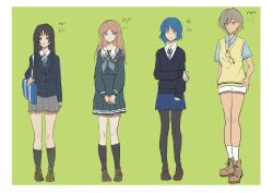 4girls akiyama_mio ankle_socks bag bang_dream! bang_dream!_it&#039;s_mygo!!!!! bare_arms black-framed_eyewear black_eyes black_hair black_jacket black_pantyhose black_socks black_sweater blazer blue_bag blue_eyes blue_hair blue_neckerchief blue_ribbon blue_serafuku blue_shirt blue_skirt blunt_bangs bocchi_the_rock! boots border breast_pocket brown_boots brown_hair brown_shoes buttons character_name chinese_commentary closed_mouth collared_jacket collared_shirt commentary_request crest crossover dot_nose full_body girls_band_cry glasses green_background grey_eyes grey_hair grey_skirt hair_between_eyes hair_ornament hairclip hand_on_own_arm hand_on_own_hip hands_on_lap happy height height_difference high-waist_skirt holding holding_bag jacket k-on! kneehighs knees lace-up_boots lapels left-handed long_hair long_sidelocks long_sleeves looking_ahead looking_at_viewer miniskirt mole mole_under_eye multiple_girls nagasaki_soyo neck_ribbon neckerchief notched_lapels own_hands_together pale_skin pantyhose parted_bangs pleated_skirt pocket puffy_long_sleeves puffy_sleeves ribbon rupa_(girls_band_cry) sakuragaoka_high_school_uniform school_bag school_uniform serafuku shimokitazawa_high_school_uniform shirt shirt_under_sweater shoes short_hair_with_long_locks short_shorts short_sleeves shorts shujianbaoyugan sidelocks simple_background single_sidelock skirt skirt_set sleeves_past_wrists smile socks standing straight_hair sweater sweater_vest tall_female tsukinomori_school_uniform unworn_eyewear uwabaki v-neck very_long_hair vest wavy_hair white_border white_shirt white_shorts white_socks winter_uniform yamada_ryo yellow_eyes yellow_vest