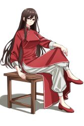 1girl brown_hair china_dress chinese_clothes dress highres kokoro_no_koibito kung_fu looking_at_viewer monk original panties red_dress red_eyes self-upload shaolin_monk sitting smile solo underwear