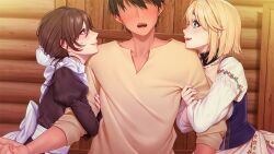 1boy 1girl 2girls blonde_hair blonde_heir blue_eyes blush brown_eyes brown_hair censored couple dorei_himekishi_to_dorei_jijo_to_no_slow_life eleanor_(dorei_himekishi_to_dorei_jijo_to_no_slow_life) faceless faceless_male farna_(dorei_himekishi_to_dorei_jijo_to_no_slow_life) game_cg hetero highres hug long_sleeves maid masami_chie mosaic_censoring multiple_girls non-web_source official_art open_mouth smile