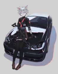 1girl ahoge animal_ears arm_support bandaid bandaid_on_face bandaid_on_nose black_bag black_car black_gloves black_shirt black_shoes black_skirt black_thighhighs blue_eyes car chest_harness chest_rig closed_mouth double-parted_bangs fingerless_gloves flat_chest full_body gloves grey_background gun gun_sling hair_between_eyes half-closed_eyes harness high-waist_skirt highres id_card invisible_floor kriss_vector layered_clothes leaning_back legs_together long_eyelashes long_legs long_sleeves looking_at_viewer miniskirt motor_vehicle on_car original shadow shirt shoes short_hair sidelocks simple_background sitting skirt smile solo spiked_hair submachine_gun thick_eyelashes thighhighs thighs turtleneck turtleneck_shirt underbust vehicle_request vertigris weapon white_hair zettai_ryouiki