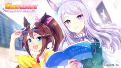 2girls aircraft airplane airport animal_ears bare_shoulders blue_eyes blurry blurry_background book bow brown_hair buttons casual commentary copyright_logo copyright_name copyright_notice cygames ear_bow ear_ribbon english_commentary eyewear_on_head floating_hair guide_book highres holding holding_book holding_removed_eyewear horse_ears horse_girl long_hair long_sleeves mejiro_mcqueen_(umamusume) multicolored_hair multiple_girls neck_ribbon official_art open_book open_mouth ponytail purple_eyes purple_hair purple_ribbon red-framed_eyewear ribbon second-party_source short_sleeves star_(symbol) sunglasses tokai_teio_(umamusume) umamusume unworn_eyewear upper_body white_hair white_sleeves