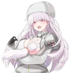 1girl admiral_(kancolle) angry black_gloves breasts dress fur_hat gloves grabbing_another&#039;s_breast groping hat kantai_collection kirov_(kancolle) large_breasts long_hair one_breast_out out_of_frame pink_eyes pink_hair sakana_(flame_sakana) upper_body white_background white_dress white_hat