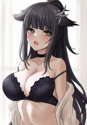 1girl arknights bare_shoulders black_bra black_choker black_hair blush bra breasts choker cleavage collarbone green_eyes hair_ornament highres jessica_(arknights) large_breasts long_hair off_shoulder open_mouth ponytail selcky solo tearing_up underwear upper_body