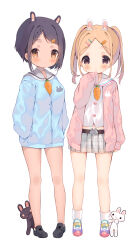 2girls absurdres animal_ears black_eyes black_shoes blonde_hair blue_jacket braid braided_bangs breasts cardigan carrot_hair_ornament closed_mouth commentary_request crop_top extra_ears food-themed_hair_ornament full_body grey_skirt hair_ornament hairclip hands_in_pockets highres jacket large_breasts long_sleeves looking_at_viewer medium_hair midriff multiple_girls navel open_cardigan open_clothes oppai_loli orange_eyes original parted_bangs pink_cardigan plaid_clothes plaid_skirt purple_hair purple_shoes rabbit rabbit_ears sailor_collar senmen_kinuko shirt shoes short_hair single_sleeve_past_fingers skirt sleeves_past_wrists smile sneakers socks standing twintails white_background white_sailor_collar white_shirt white_socks