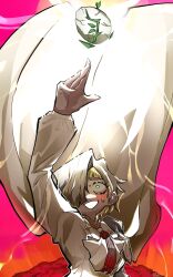 1girl ascot blonde_hair blue_eyes blush cape collared_shirt egg hair_over_one_eye highres kromer_(project_moon) limbus_company long_sleeves looking_at_viewer multicolored_hair pink_background project_moon shirt short_hair simple_background solo streaked_hair suisei0708 sweatdrop upper_body white_ascot white_cape white_hair white_shirt