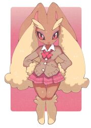 1girl animal_ears black_sclera body_fur bow bowtie brown_cardigan brown_fur cardigan clothed_pokemon colored_sclera eyeshadow full_body fur_wrist_cuffs furry furry_female gen_4_pokemon gyaru hands_on_own_hips highres inkerton-kun kogal long_sleeves looking_at_viewer loose_bowtie lop_rabbit_ears lopunny makeup nintendo plaid_clothes plaid_skirt pokemon pokemon_(creature) purple_eyeshadow rabbit_ears rabbit_girl red_bow red_bowtie red_eyes red_skirt school_uniform skirt smile solo standing thick_eyebrows two-tone_fur wrist_cuffs yellow_fur