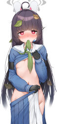 1girl absurdres ahoge black_gloves black_hair blue_archive blue_serafuku blue_shirt blue_skirt blush breasts clothes_lift commentary_request footprints gloves green_neckerchief groin hair_intakes halo headgear headset highres leaf leaf_on_head long_hair long_sleeves looking_at_viewer miyu_(blue_archive) navel neckerchief nose_blush open_clothes open_skirt pleated_skirt puffy_long_sleeves puffy_sleeves red_eyes sailor_collar school_uniform serafuku shirt shirt_lift simple_background skirt sleeves_past_wrists small_breasts solo underboob very_long_hair white_background white_sailor_collar yaosera