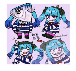 absurdres amemiya_darumi bed_sheet black_bow black_hair blue_hair blush border bow chibi chibi_only collar face_piercing fish fish_head hair_bow hand_up heart highres lip_piercing long_hair mackerel_(fish) makeup multicolored_hair open_mouth piercing pink_eyes pink_thighhighs runny_makeup safety_pin teeth the_hundred_line_-last_defense_academy- thighhighs twintails upper_teeth_only white_border