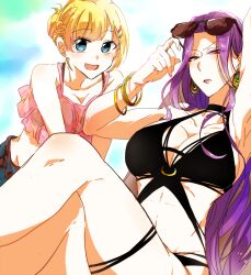 2girls alternate_hairstyle blonde_hair blue_eyes bracelet earrings eyewear_on_head highres izuna_nobel jewelry long_hair multiple_girls na06221220 purple_hair red_eyes servamp short_hair swimsuit the_mother_(servamp)