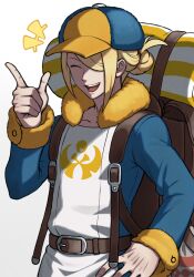 +++ 1boy :d backpack bag belt bite_addict blonde_hair blue_jumpsuit brown_bag brown_belt closed_eyes fur-trimmed_jumpsuit fur_trim hair_bun hair_over_one_eye hand_on_own_hip hand_up happy highres index_finger_raised jumpsuit long_sleeves male_focus nintendo open_mouth pokemon pokemon_legends:_arceus simple_background smile solo teeth tongue upper_teeth_only volo_(pokemon) white_background
