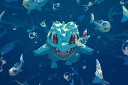 air_bubble animal_focus blue_eyes bubble fish full_body gen_2_pokemon gen_7_pokemon nintendo no_humans open_mouth pokemon pokemon_(creature) pokemon_focus red_eyes sharp_teeth smile swimming teeth totodile underwater wishiwashi wishiwashi_(solo) wulie_errr