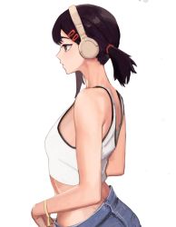 1girl absurdres bare_shoulders black_eyes black_hair breasts chainsaw_man crop_top denim hair_ornament hairclip headphones higashiyama_kobeni highres looking_to_the_side medium_breasts medium_hair midriff profile shirt side_ponytail sleeveless sleeveless_shirt solo sony tefduck upper_body white_background white_shirt wristband