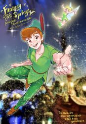 Rule 34 | 1boy, 1girl, blonde hair, blue eyes, breasts, brown hair, bumble tmnt, dress, fairy, fairy wings, feathers, fly agaric, green dress, green tunic, hair bun, hat feather, highres, koonago, looking at viewer, mini person, mushroom, pointy ears, red feathers, short hair, single hair bun, smile, strapless, tinker bell (disney), tunic, walt disney&#039;s peter pan, wings