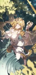 1girl absurdres aglaea_(honkai:_star_rail) apple arm_up blonde_hair branch breasts chinese_commentary commentary_request dress food from_above fruit full_body golden_apple green_eyes hand_on_own_chest highres holding holding_food holding_fruit honkai:_star_rail honkai_(series) luoxue557 medium_hair sandals sleeveless sleeveless_dress solo string white_dress