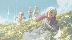 1girl 3boys anna_(tower_of_god) blue_sky book chasing city cloud david_(tower_of_god) day doll dress fleeing grass highres hoaqin holding holding_book holding_doll holding_sword holding_weapon hugging_doll hugging_object kapxapius long_hair long_sleeves multiple_boys nature open_book petals pink_shirt reading robe running scenery shirt short_hair shorts siblings sky smile standing stuffed_animal stuffed_toy sword tower_of_god vicente_(tower_of_god) weapon white_dress white_eyes white_hair white_robe white_shirt white_shorts wind