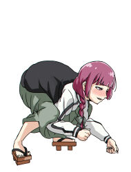 1girl black_jacket black_nails bocchi_the_rock! clenched_hands dress fighting_game geta green_dress hiroi_kikuri jacket nail_polish open_clothes open_jacket purple_hair shijou_hinako sleeveless sleeveless_dress solo sumo the_king_of_fighters thighs toenail_polish toenails torako_(toramaru) white_background