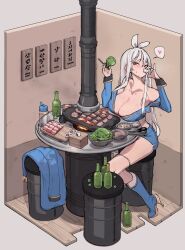 1girl absurdres alcohol areola_slip bare_shoulders blue_boots blue_skirt blush boots bottle breast_rest breasts brown_eyes chopsticks cleavage cup drinking drinking_glass hair_ribbon happening18 heart high_heels highres holding holding_chopsticks holding_cup large_breasts lettuce long_hair midriff original panties panty_pull ribbon shot_glass sitting skirt soju solo spoken_heart sweat tissue_box underwear white_hair white_panties yakiniku