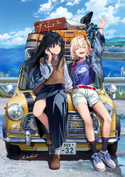 2girls ^_^ bag belt belt_buckle bicycle black_hair black_skirt blonde_hair blue_jacket blue_shirt blue_sky breasts brown_footwear brown_sweater_vest buckle car closed_eyes closed_mouth cloud collarbone commentary copyright_name day denim english_commentary floating_hair hair_ribbon highres horizon inoue_takina jacket landscape leaning_on_object license_plate long_hair long_sleeves looking_at_another lycoris_recoil medium_breasts midriff_peek mini_cooper mixed-language_commentary motor_vehicle multiple_girls neko_(yanshoujie) nishikigi_chisato ocean open_clothes open_jacket open_mouth outdoors purple_eyes red_belt red_ribbon revision ribbon road shirt short_hair shorts shoulder_bag signature single_off_shoulder skirt sky socks suitcase sweater_vest teeth tucking_hair upper_teeth_only white_footwear white_shorts white_socks yellow_car