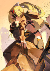 1girl black_blindfold black_gloves black_pants blindfold blonde_hair camouflage camouflage_pants dust fingerless_gloves gloves hair_ornament highres kyo_no_neko latex_pants looking_at_viewer outdoors pants ponytail sitting tight_clothes tight_pants triangle_hair_ornament trigger_(zenless_zone_zero) zenless_zone_zero zipper_pull_tab