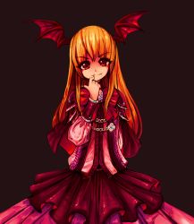 1girl artist_request bat_wings black_background blonde_hair bow dress finger_to_mouth fingernails frilled_skirt frills gothic_lolita granblue_fantasy head_wings highres large_bow lolita_fashion long_fingernails long_hair looking_at_viewer red_bow red_dress red_eyes resolution_mismatch shadowverse shingeki_no_bahamut skirt source_smaller vampire vampy wings