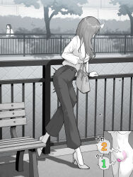Rule 34 | 1girl, bag, breasts, commentary request, high heels, highres, kakuremino7928, large breasts, large variant set, limited palette, long hair, neckerchief, object insertion, original, outdoors, pants, remote control vibrator, sex toy, shirt, vaginal, vaginal object insertion, variant set, vibrator, vibrator under clothes
