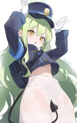 1girl absurdres armband artist_name black_hat blue_archive blue_armband blush buttons commentary cropped_jacket demon_tail double-breasted gloves green_hair green_halo halak0000 halo hands_up hat highres hikari_(blue_archive) long_hair long_sleeves looking_at_viewer navel no_pants open_mouth panties panties_under_pantyhose pantyhose peaked_cap pointy_ears sidelocks simple_background solo symbol-only_commentary tail underwear white_background white_gloves white_panties white_pantyhose yellow_eyes