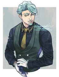 1boy artist_name black_jacket blue_hair border challia_bull closed_mouth collared_shirt commentary_request cropped_torso english_text eyelashes facial_hair gloves goatee grey_background gundam gundam_gquuuuuux highres jacket long_sleeves male_focus mixed-language_text mustache necktie shirt sideburns signature solo twitter_username upper_body white_border white_gloves yellow_necktie yococco