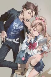 1boy 1girl bag band_shirt belt black_jacket black_pants blue_sailor_collar blue_shirt blue_skirt bow bowtie brown_background brown_hair brown_socks chair ear_piercing fingernails gakuran gradient_hair grin hair_bun hair_ornament hair_ribbon hand_mirror hand_on_own_chin hand_on_own_hip highres holding holding_mirror hvvvzzz jacket jewelry knee_up lipstick long_sleeves looking_at_mirror makeup merchandise mirror mole mole_under_eye multicolored_hair multiple_rings nail_polish no_shoes on_chair open_clothes open_jacket original pants parted_lips piercing pink_eyes pink_hair pink_lips pink_nails pink_ribbon pleated_skirt ponytail red_bow red_bowtie ribbon ring sailor_collar school_bag school_uniform shirt short_hair simple_background single_side_bun sitting skirt smile socks standing standing_on_one_leg t-shirt the_who two-tone_hair white_belt white_shirt white_socks