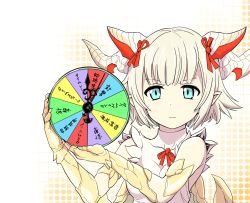 Rule 34 | 1girl, bare shoulders, blonde hair, blue eyes, claws, clock hands, dragon girl, dragon horns, dragon wings, dress, expressionless, female focus, hair ribbon, highres, horns, kato takuji, looking at viewer, myr (p&amp;d), pointy ears, puzzle &amp; dragons, ribbon, scales, short hair, solo, translation request, white dress, wings