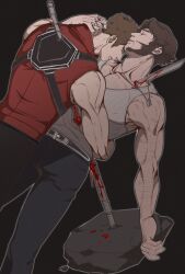 2boys arm_hair back belt bleeding blood blood_on_face bloody_weapon bone brown_hair chest_hair claws closed_eyes deadpool dog_tags facial_hair guro highres hug impaled katana large_pectorals male_focus marvel multiple_boys muscular muscular_male pectorals short_hair siyi1996 sleeveless stab sword tank_top weapon wolverine_(x-men) x-men x-men_film_series x-men_origins:_wolverine yaoi