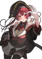 1girl ascot belt bicorne black_coat black_hat black_thighhighs blush breasts brooch brown_belt cleavage coat commentary covered_navel cropped_jacket double-parted_bangs english_commentary gem gloves gold_trim hair_between_eyes hair_ribbon hand_up hat heterochromia highres holding holding_gem hololive houshou_marine houshou_marine_(1st_costume) jacket jewelry lapel_pin lapels large_breasts leather_belt leotard leotard_under_clothes long_hair miniskirt notched_lapels off_shoulder pirate_hat pleated_skirt red_ascot red_eyes red_hair red_jacket red_ribbon red_skirt ribbon see-through_clothes see-through_leotard simple_background single_sleeve_past_fingers skirt sleeveless sleeveless_jacket solo takeno_omoti thighhighs twintails virtual_youtuber white_background white_gloves wrist_cuffs yellow_eyes