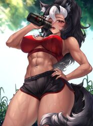 Rule 34 | 1girl, abs, absurdres, ashe grayson, black hair, black nails, black shorts, bottle, breasts, bright pupils, cleavage, commission, gradient hair, grey hair, hand on own hip, highres, indie virtual youtuber, long hair, multicolored hair, navel, navel piercing, open mouth, piercing, red eyes, sainty, short shorts, shorts, signature, solo, tail, tongue, two-tone hair, virtual youtuber, water, wet, white hair, white pupils