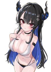 1girl absurdres ahdoha asymmetrical_horns bare_shoulders bikini black_bikini black_hair blue_hair breasts cleavage collarbone colored_inner_hair crystal_horns demon_horns flower hair_ornament highres hololive hololive_english horn_flower horns large_breasts long_hair looking_at_viewer mole mole_under_eye multicolored_bikini multicolored_hair navel nerissa_ravencroft o-ring o-ring_bikini o-ring_bottom red_eyes smile solo stomach swimsuit two-tone_bikini two-tone_hair uneven_horns very_long_hair virtual_youtuber white_bikini
